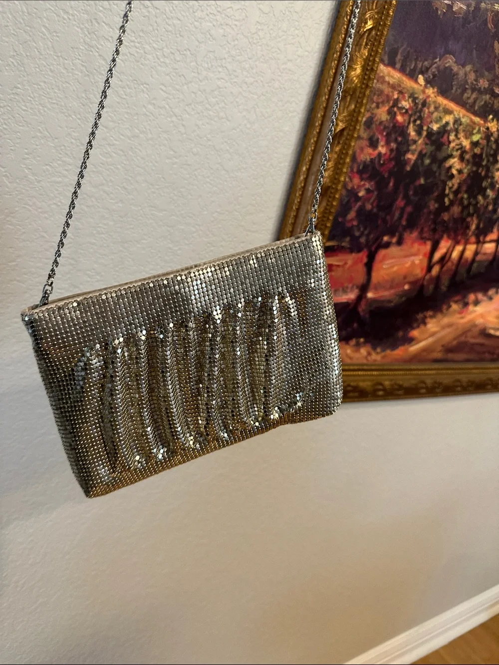 Silver Sequin Evening Clutch with Chain Strap